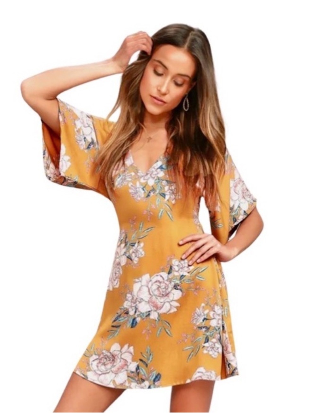 Billabong Floral Kimono Sleeve Dress Boho Cottagecore Flowy Tunic Mini Dress M